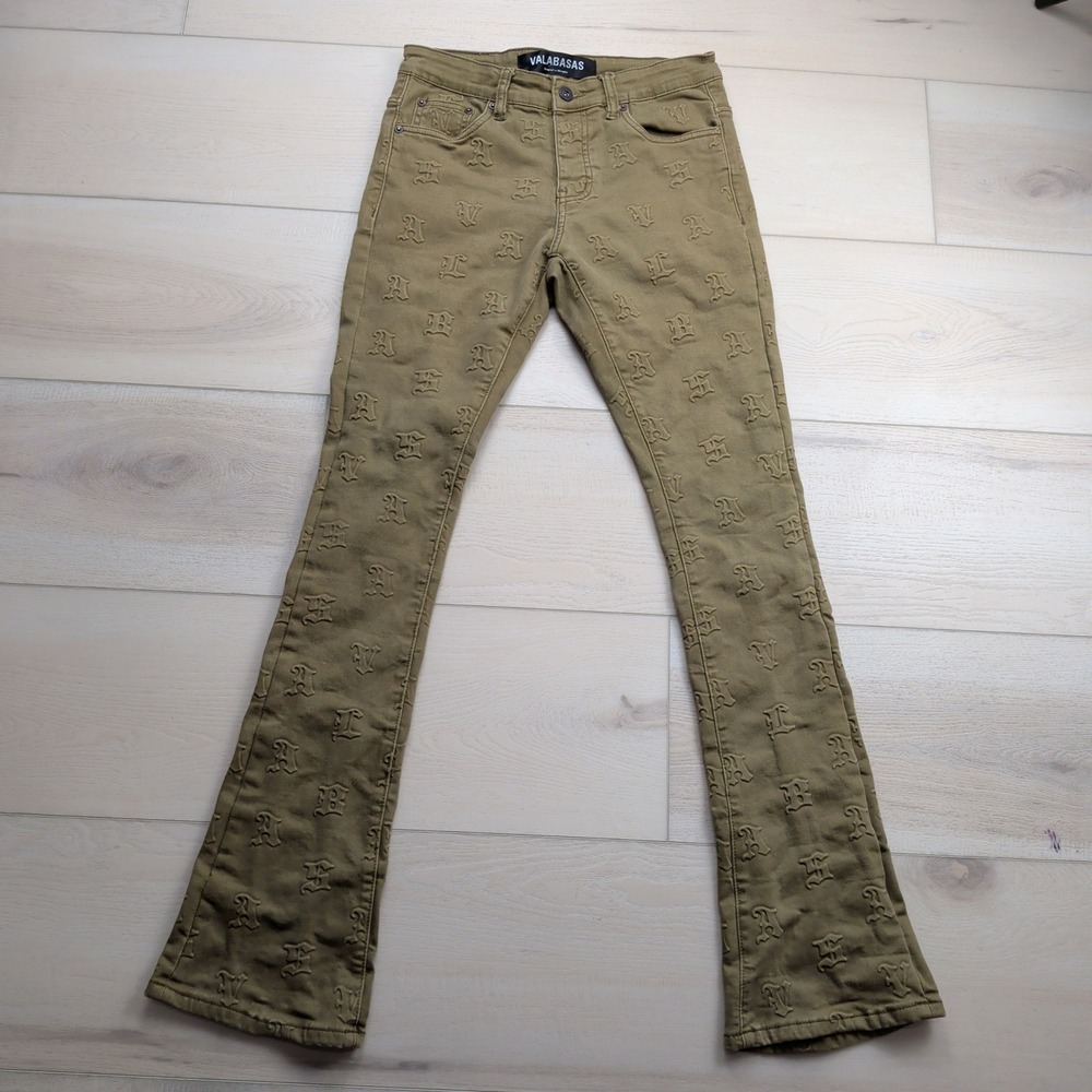 Valabasas Monogram Embossed Stacked Flare Jeans Mens 30 Olive Green 30x34 Retro